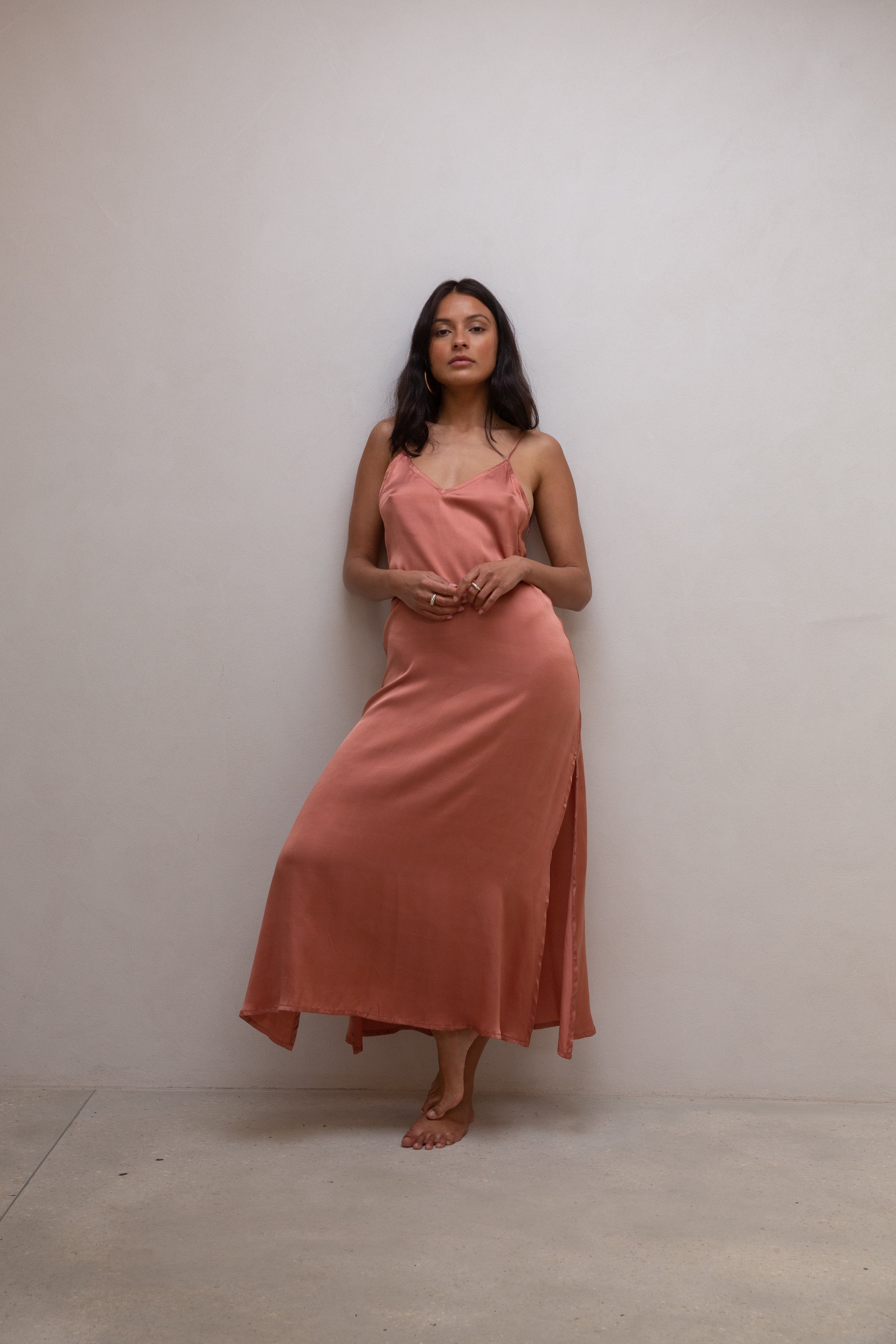 Luxury Silk Long Slip Dress in Powder Pink